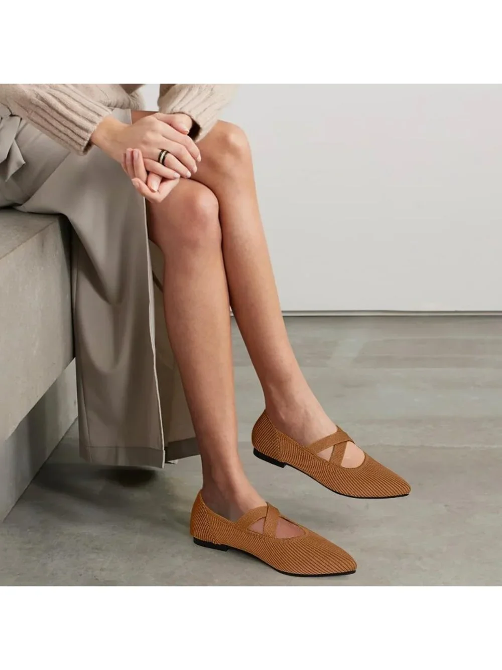 Women's Brown Pointed Toe Comfortable Mary Jane Slip-On Knit Ballet Flat Shoes